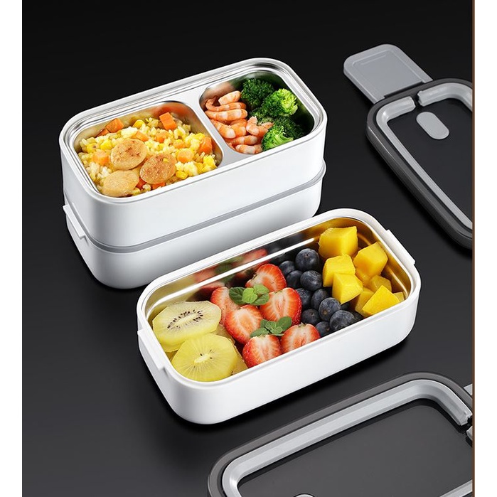 Hộp Cơm Giữ Nhiệt 2 Tầng 3 Ngăn Inox 304 Tặng Kèm Bộ Thìa Đũa Nĩa