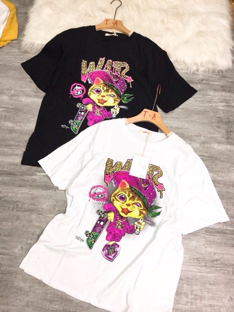 [ HÌNH THẬT, CÓ VIDEO] Áo phông nữ tay lỡ cổ tròn in hình hót hít gắn đá sang trọng | BigBuy360 - bigbuy360.vn