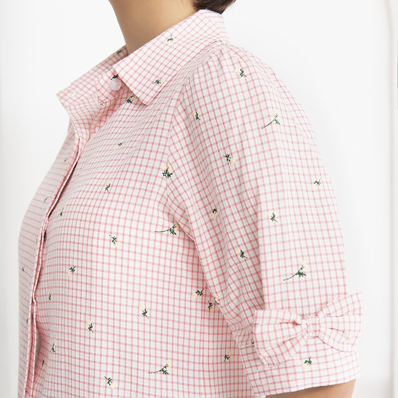 Áo sơ mi nữ công sở tay lỡ phối nơ Chunxuu, thời trang chất Kate cao cấp - BS07 caro hồng