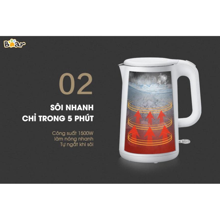 Ấm Siêu Tốc Bình Đun Nước Bear ZDH-D17K2 mini giữ nhiệt , 1.7 lít, Công Suất 1800W, Nước sôi Nhanh, Bảo Hành 12 tháng
