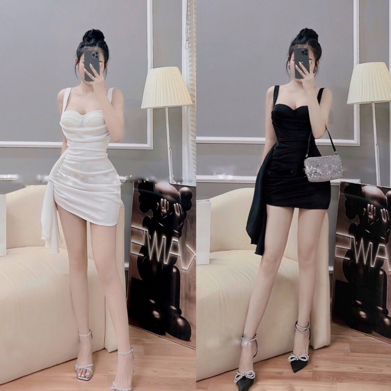 Váy cúp hai dây nhún tà eo đi tiệc. Đầm ôm body dáng ngắn hàng loại 1