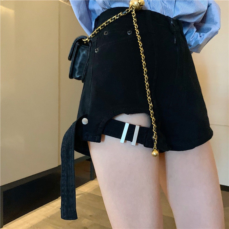 Jiashucheng Quần Short Denim Chữ a Lưng Cao Ống Rộng Rách Gối Phong Cách Mới Mùa Hè Cho Nữ