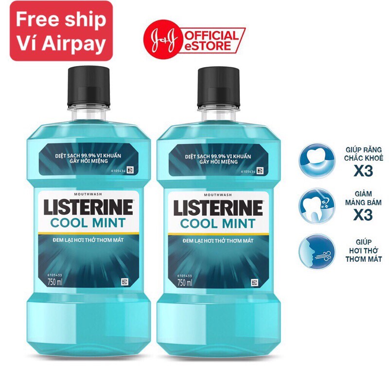 Bộ 2 chai nước súc miệng diệt khuẩn giữ hơi thở thơm mát Listerine Cool Mint 750ml/chai