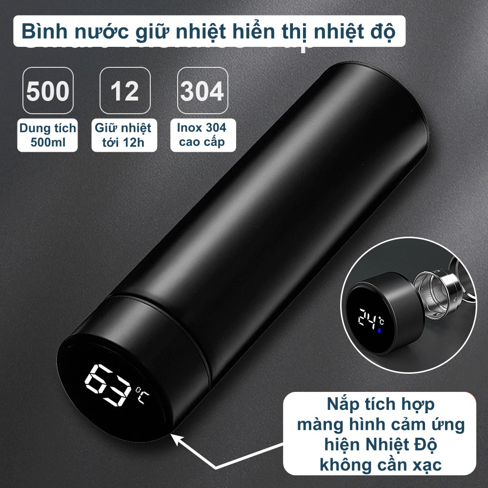 Bình đựng nước giữ nhiệt 500ml - chất liệu Inox 304 cao cấp với nắp cảm biến nhiệt độ thông minh