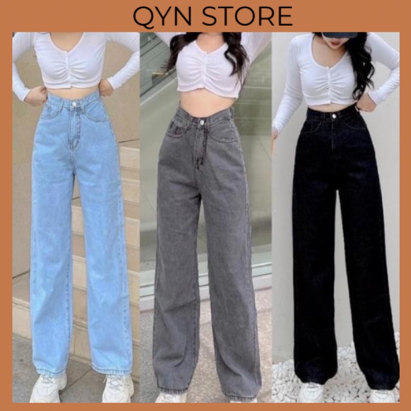 Quần jeans ống suông trơn basic lưng siêu cao