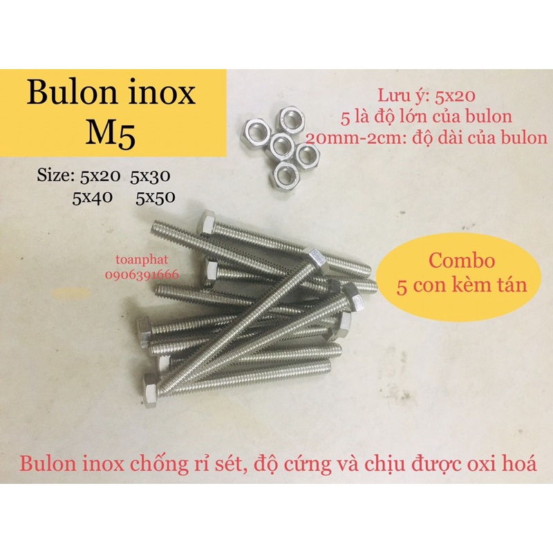 [Combo 5con]Bulon inox M5| Bu lông inox M5| Bulon+ tán inox M5| size 20-30-40-50