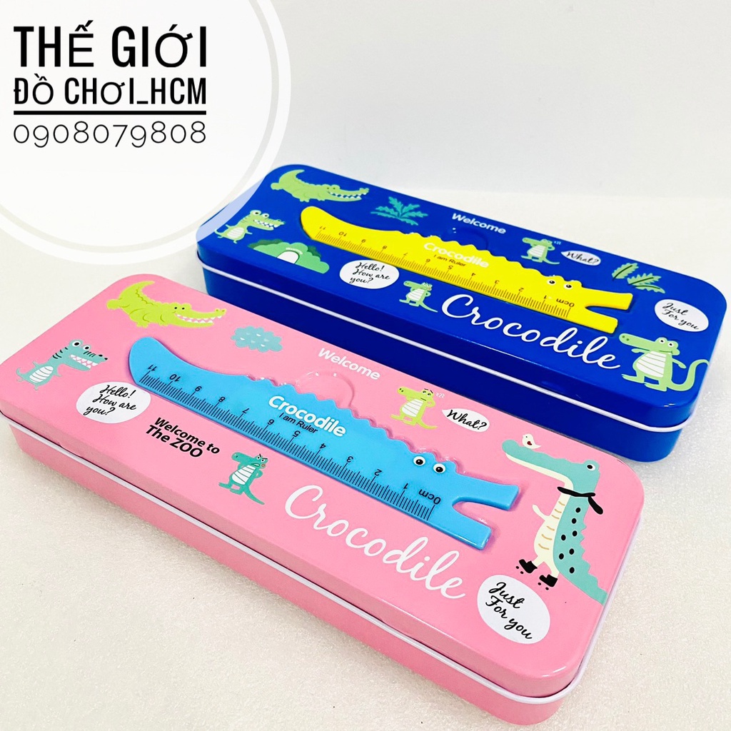 [TRỢ GIÁ-KÈM THƯỚC] Hộp bút sắt hai tầng cho bé đựng viết, hộp viết có họa tiết cá sấu Crocodile siêu dễ thương 675