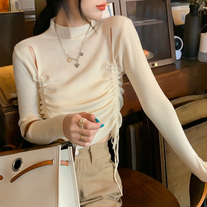 Áo dệt kim ZHELIHANGFEI tay dài cổ cao phối dây rút trẻ trung quyến rũ dành cho nữ