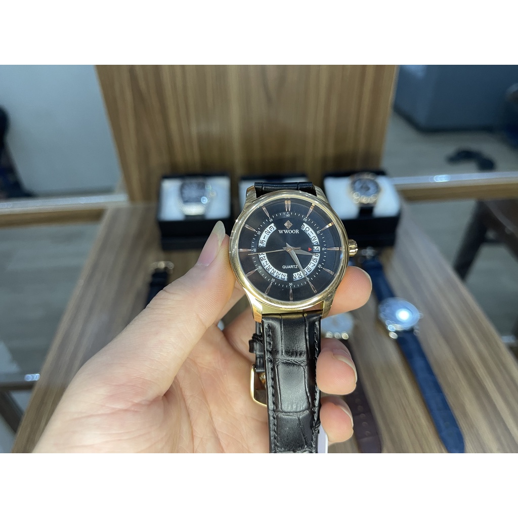 Đồng hồ nam WWOOR sang trọng, dây da chống nước DLW-DR03