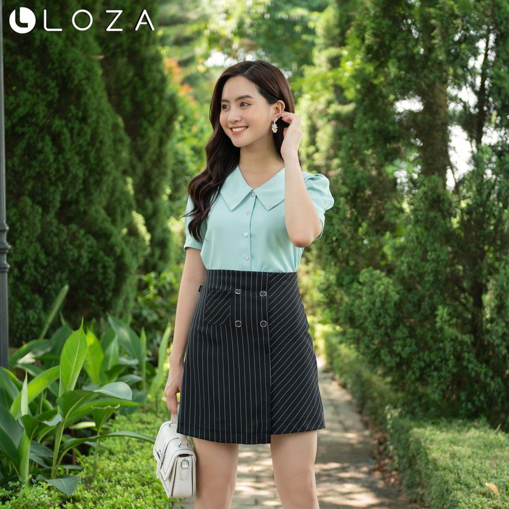 [Mã WABRLOW5 giảm 15% đơn 300K] Chân váy dáng A LOZA màu đen họa tiết kẻ sọc trắng đính cúc - PC4015 | BigBuy360 - bigbuy360.vn