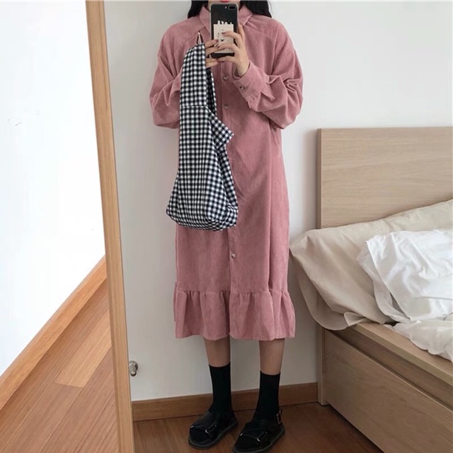 [ Sẵn ] Đầm ulzzang vải nhung cổ polo tay dài đuôi cá (có ảnh thật) | BigBuy360 - bigbuy360.vn