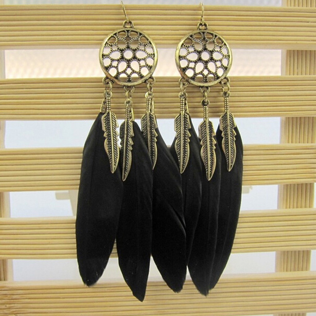Hoa tai dreamcatcher đính lông vũ phong cách Bohemian