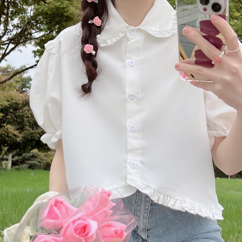 SUXI Áo Sơ Mi Tay Ngắn Cổ Búp Bê Màu Sắc Đơn Giản Thời Trang Mùa Hè Xinh Xắn Cho Nữ