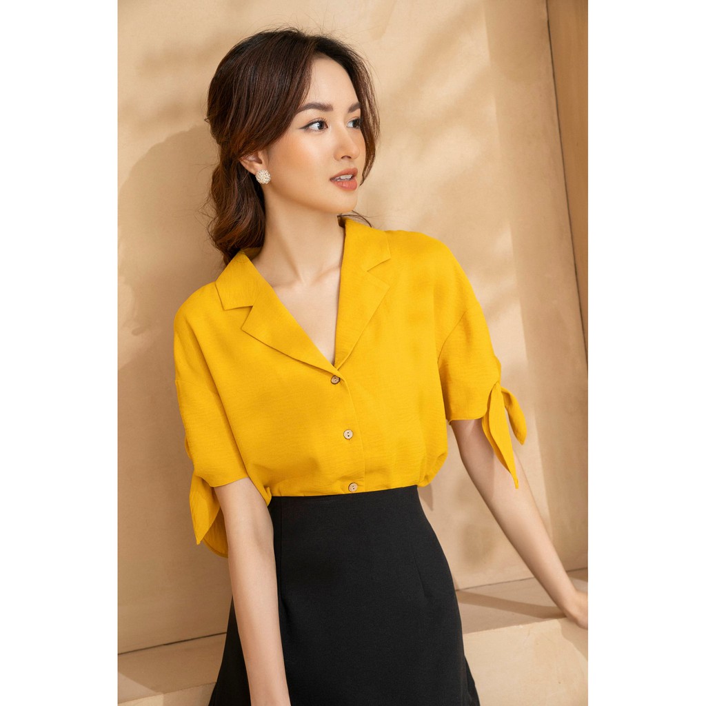 Áo sơ mi cổ vest tay ngắn thắt vạt nơ TIIN STORE AHN302