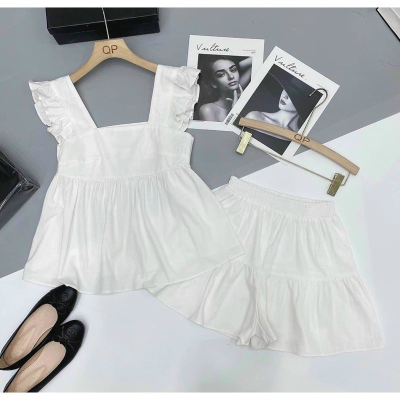 Set Bộ Nữ Áo Babydoll xòe Tay Cánh Tiên Kèm Quần Giả Váy Siêu Dễ Thương chất Vải Đũi Mềm Nhẹ Thoáng Mát