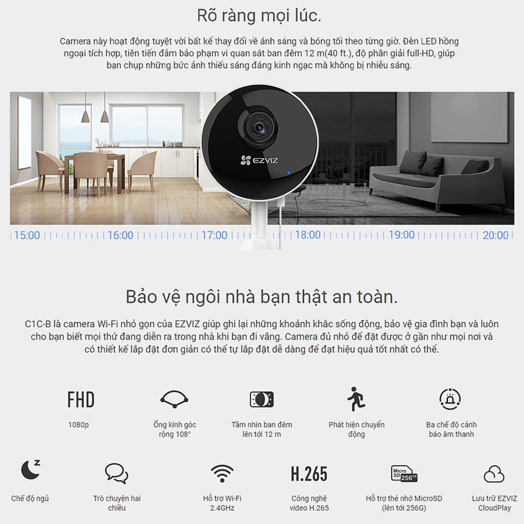 Camera IP Wifi Ezviz CS-C1C-B Full HD 1080p - Đàm Thoại 2 Chiều, Phát Hiện Chuyển Động, Hỗ Trợ Thẻ Nhớ