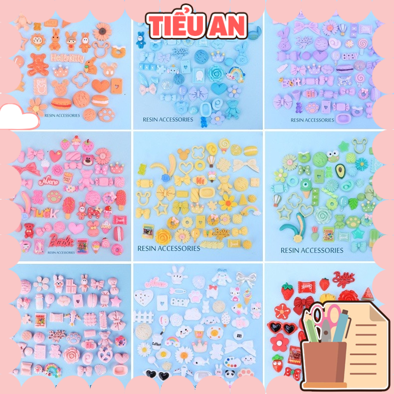 Charm (C280) slime/ Dụng Cụ Charm Trang Trí [Ko Keo &amp; Nút] Nhiều Hoạ Tiết theo Màu - Set 50 cái - Mẫu Ngẫu Nhiên