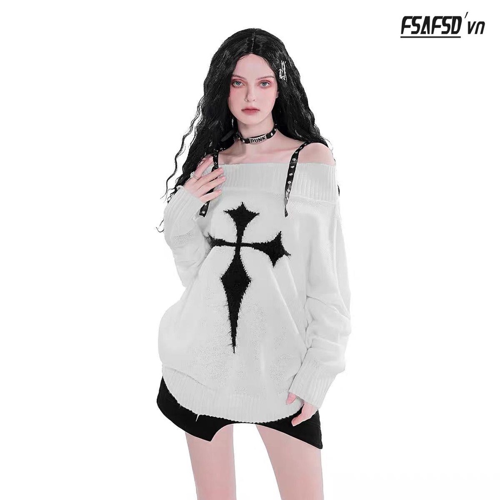 Áo Sweater Dệt Kim Trễ Vai Phối Đinh Tán Xinh Xắn Dành Cho Nữ