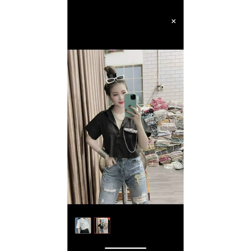 Áo sơ mi nữ tay ngắn phối nắp túi kiểu móc xích độc lạ chất kate form croptop tôn dáng xinh