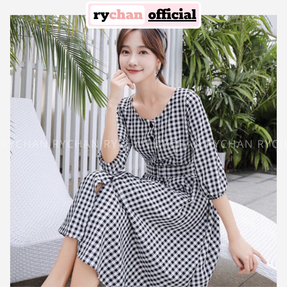 DX673 - Đầm Xòe Caro Kèm Belt Tay Lở