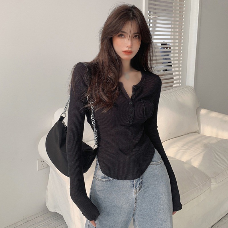 Áo Thun Cổ Chữ V Dáng Ôm Tay Dài Chống Nắng Thiết Kế Giản Dị Thời Trang Cho Nữ