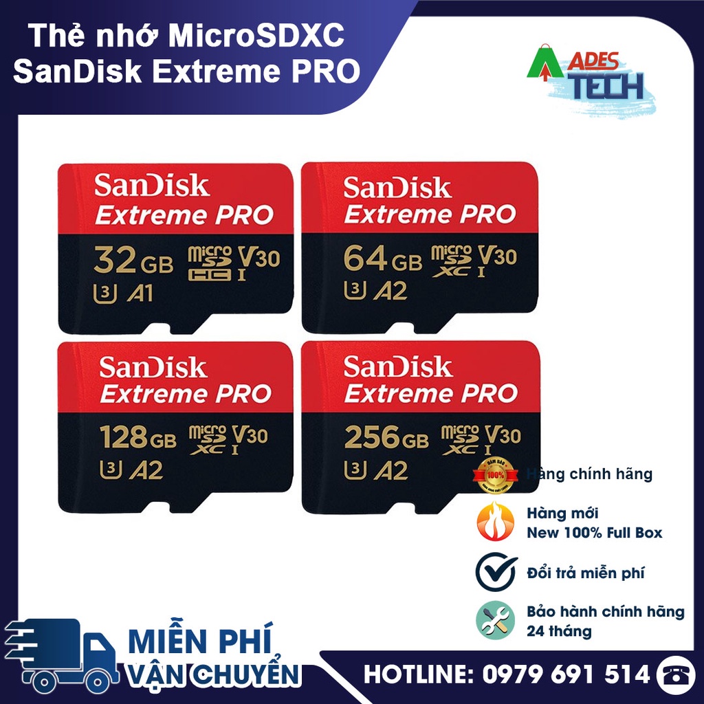 Thẻ Nhớ MicroSDXC SanDisk Extreme Pro V30 A2 32/ 64/ 128/ 256GB | Tốc độ ghi cực nhanh