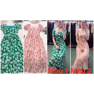 Đầm voan hoa maxi cổ vuông đuôi cá sale