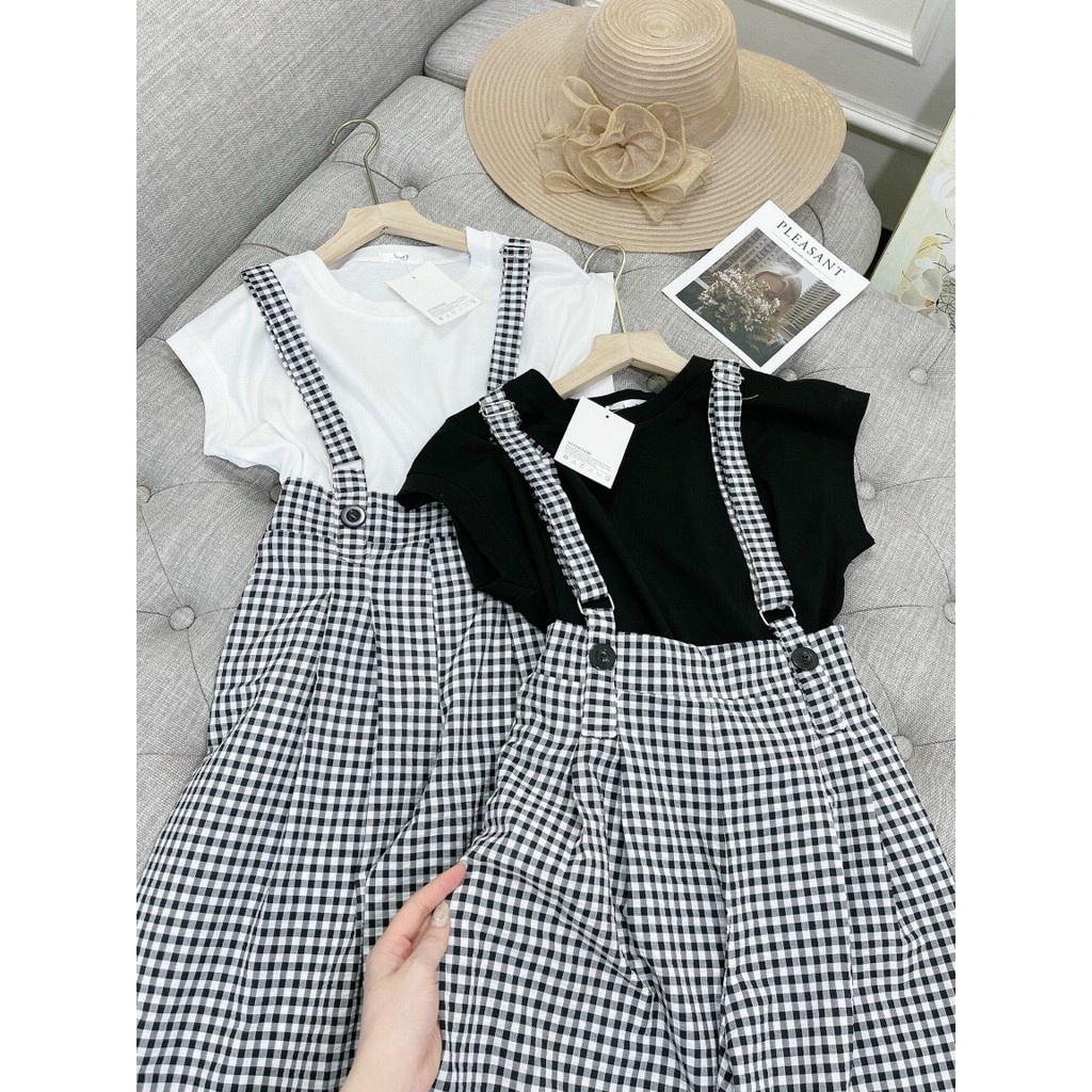 Set yếm caro quần ống rộng kèm áo thun trơn dễ thương