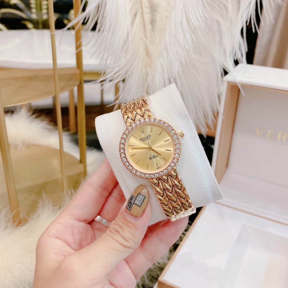 Đồng hồ thời trang nữ Rolex đeo tay dây thép không gỉ đính đá sang trọng dây kim loại mạ vàng chống nước chống xước