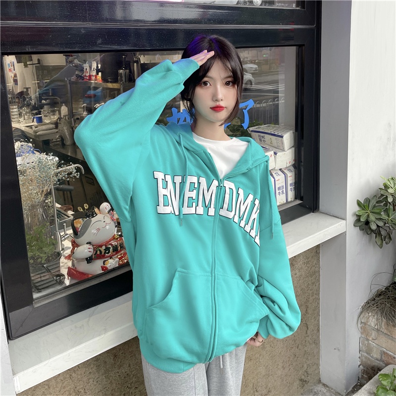 SUXI Áo Khoác Nữ Tay Dài Có Nón In Chữ Thời Trang