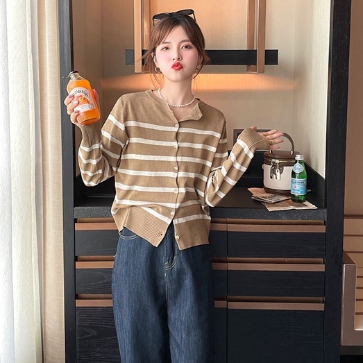 【ZHELIHANGFEI】Áo Len Tay Dài Cổ Chữ V Form Rộng Họa Tiết Kẻ Sọc Hợp Thời Trang