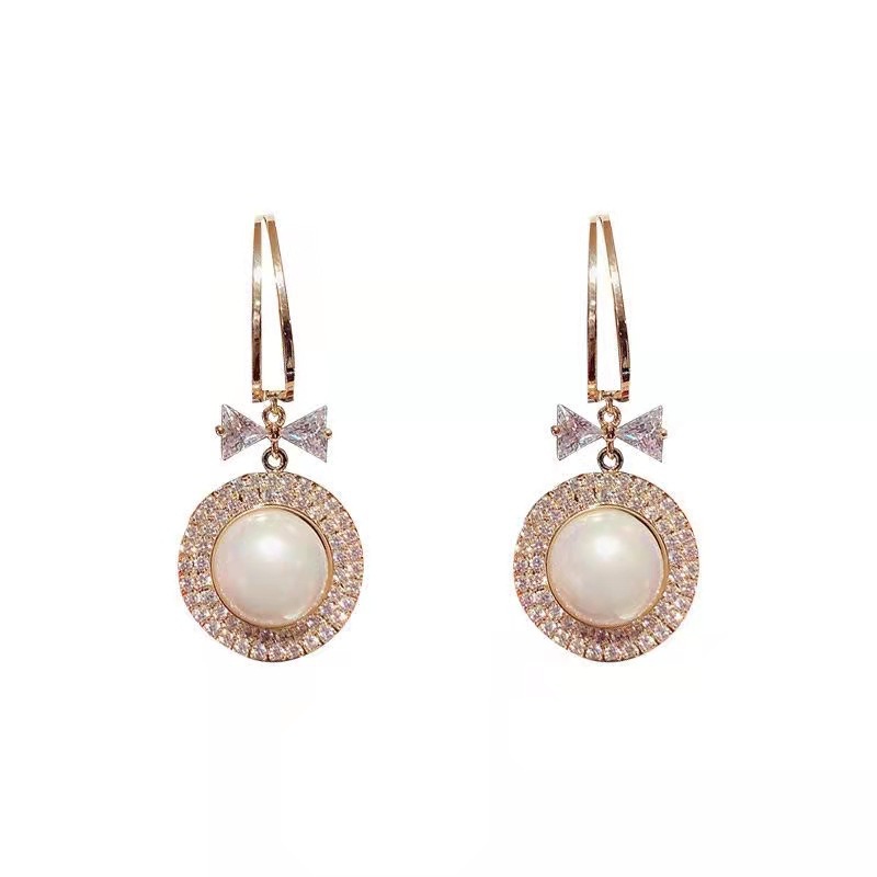 Khuyên Tai Bạc S925 Hình Nơ Đính Đá Và Ngọc Trai Sang Trọng Cổ Điển