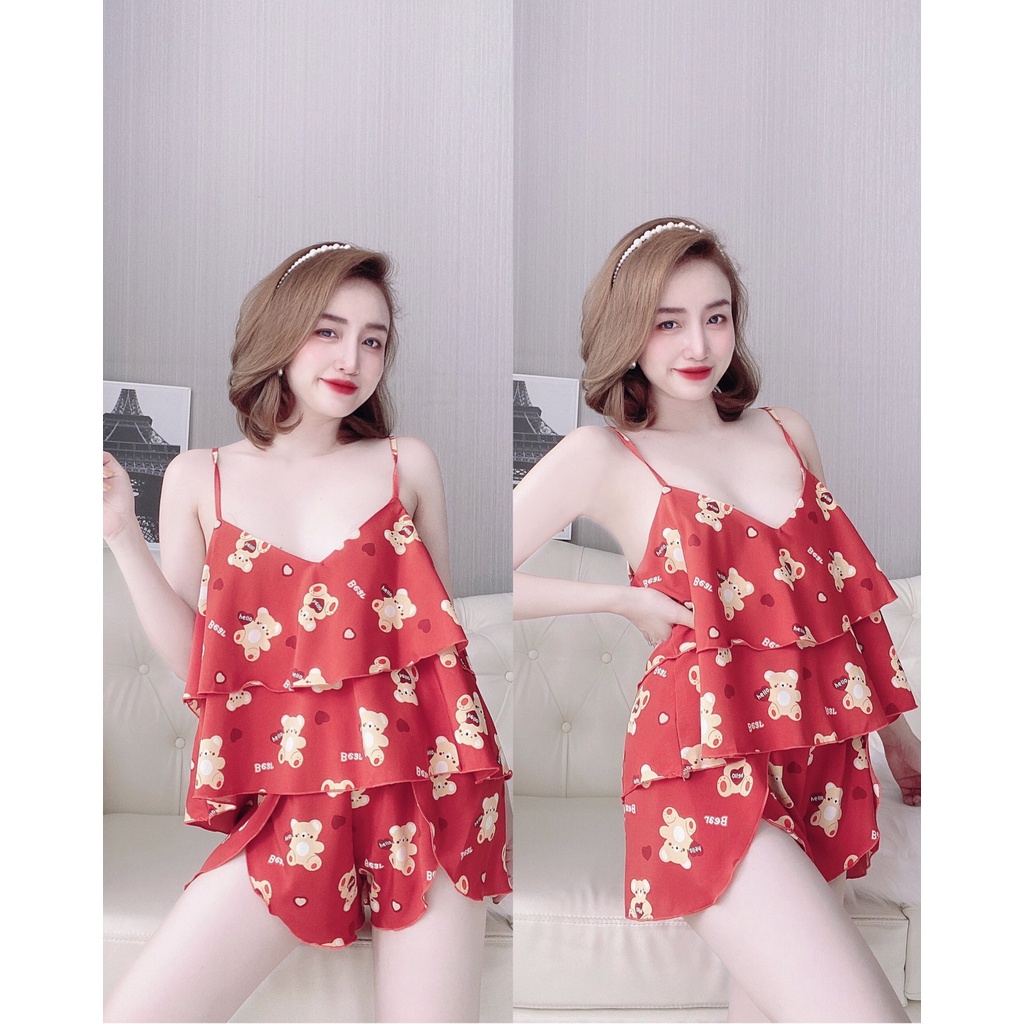 Đồ Ngủ Sexy Nữ, Bộ Mặc Nhà Lụa 100D 2 Tầng Freesize Dưới 75Kg