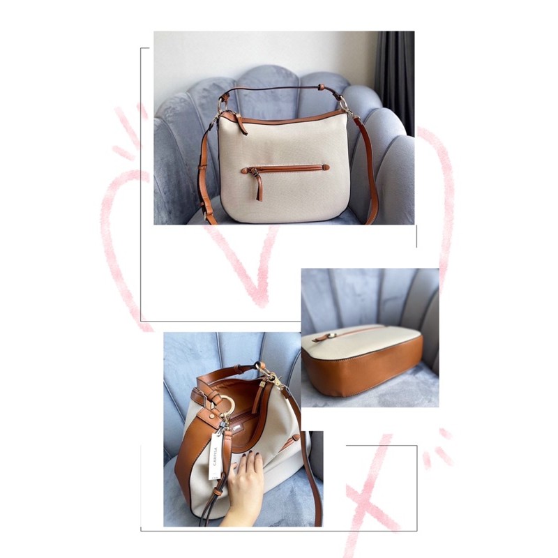 Túi form hobo bố kem viền da nâu C.a.r.p.i.s.a