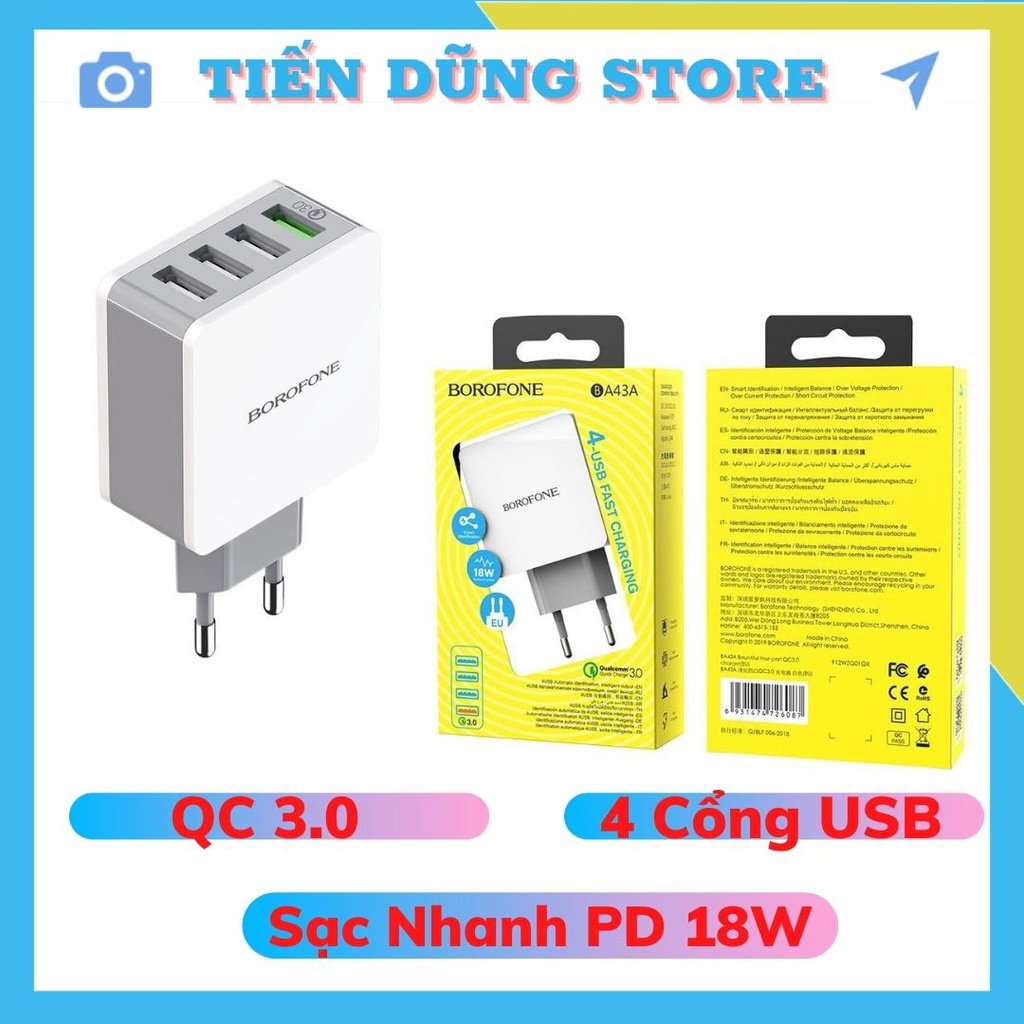 Củ Sạc Nhanh QC3.0 18W Ba43A 4 Cổng USB - Bảo Hành 12 Tháng