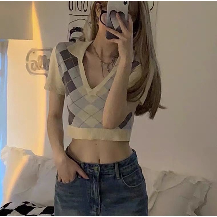 Áo Thun Dệt Kim Tay Ngắn Phong Cách Hàn Quốc Cho Nữ