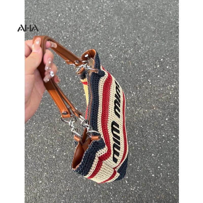 Niche Túi Xách Tote Dệt Rơm Dệt Một Quai Xích Sức Chứa Lớn Phong Cách Phương Tây Cho Nữ