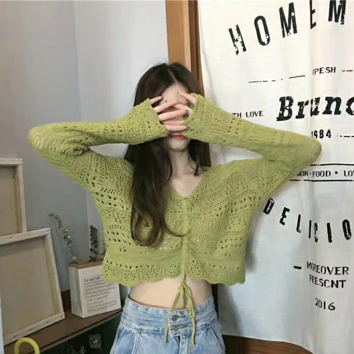 Áo Croptop Dệt Kim Tay Dài Cổ Chữ V Phong Cách Hàn Quốc