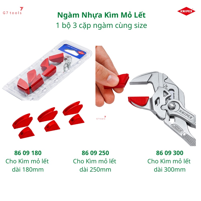 Bộ Ngàm Nhựa Knipex 86 09 180 Cho Kìm Mỏ Lết Dài 180mm, 86 09 250 Cho Kìm Dài 250mm và 86 09 300 Cho Kìm Dài 300mm