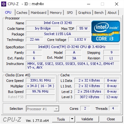 CPU Intel Core i3-3240 (3M bộ nhớ đệm, 3,40 GHz) - Đã Qua Sử Dụng, Không Kèm Fan