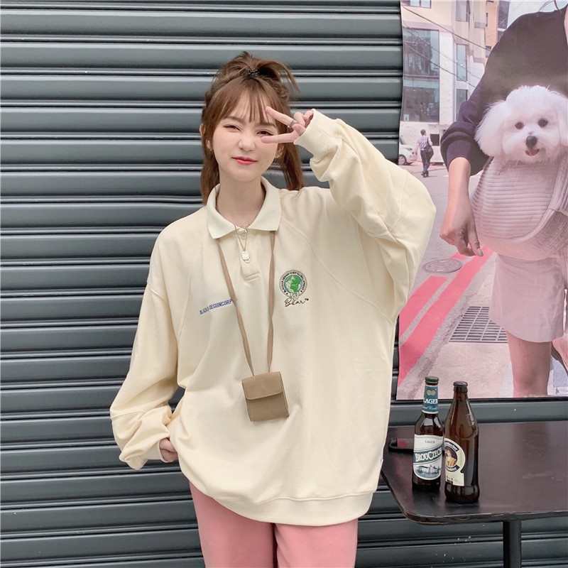 Áo sweater cổ polo dáng rộng thêu họa tiết thời trang mùa thu cho nữ | BigBuy360 - bigbuy360.vn