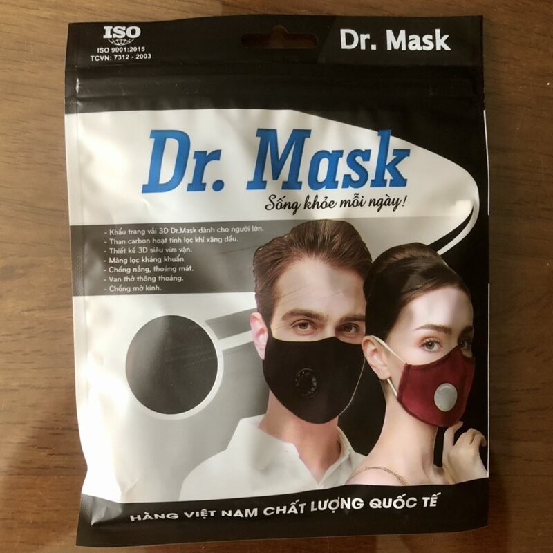 Khẩu Trang Vải Chính hãng Drmask khẩu trang 3D người lớn có van thở duy nhất 1 màu đen giá siêu tốt