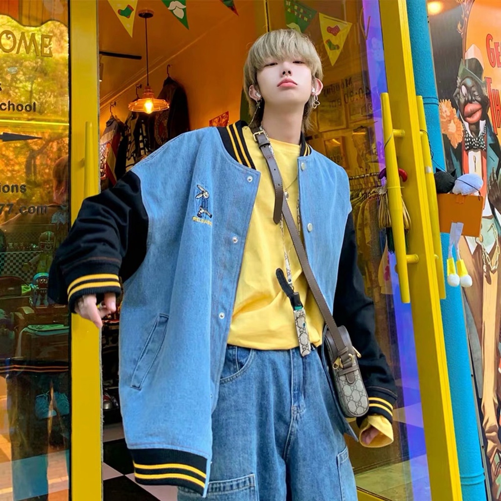 Áo khoác nam vải jean thời trang Hàn Quốc cá tính ifashion áo khoác bóng chày nam in hoa Soild color Thêu thùa new top