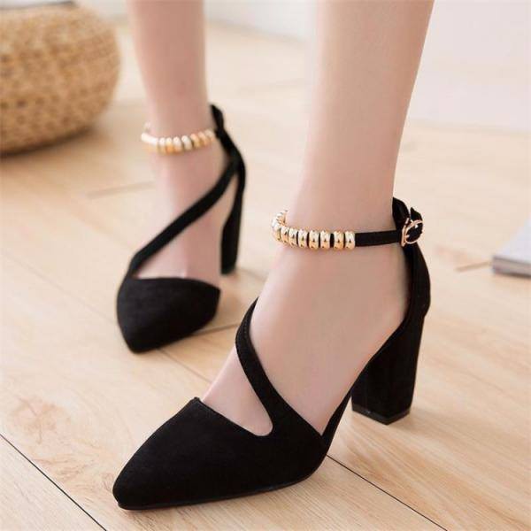 Giày Cao Gót Đế Vuông 5cm Mũi Nhọn Basic Màu Đen