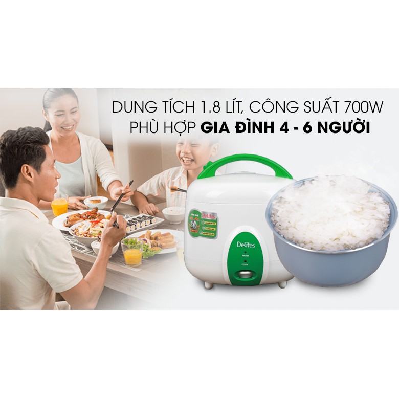 Nồi cơm nắp gài Delites 1.8 lít NCG1010 - trưng bày Lòng nồi bằng hợp kim nhôm tráng men chống dính bền tốt