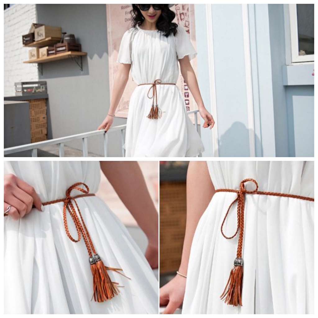 Dây thắt lưng chun co giãn chuông nhỏ gắn tua rua, đai váy cổ trang thắt nơ