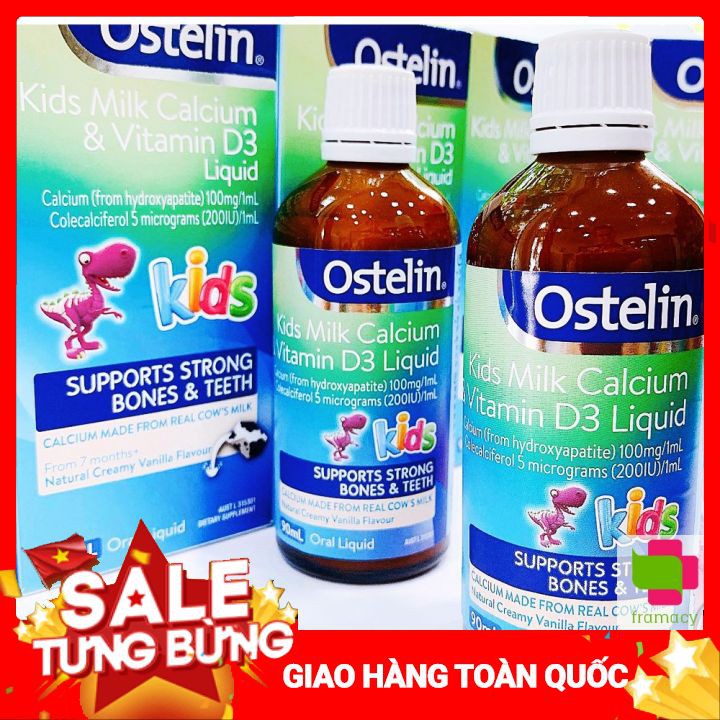 Chai Uống Canxi Nước Khủng Long Ostelin Kids Milk Calcium & D3 Liquid 90ml - Cho Trẻ Từ 7 Tháng Tuổi