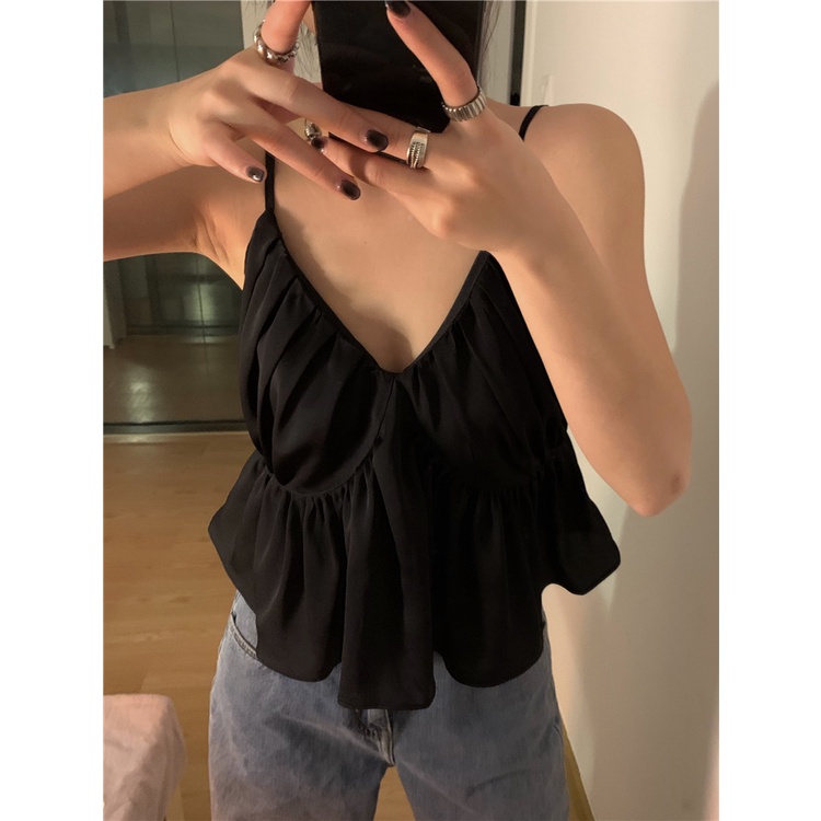 Áo Hai Dây Cổ Chữ V Dáng Rộng Xếp Ly Quyến Rũ Dễ Phối Đồ Phong Cách Hàn Quốc