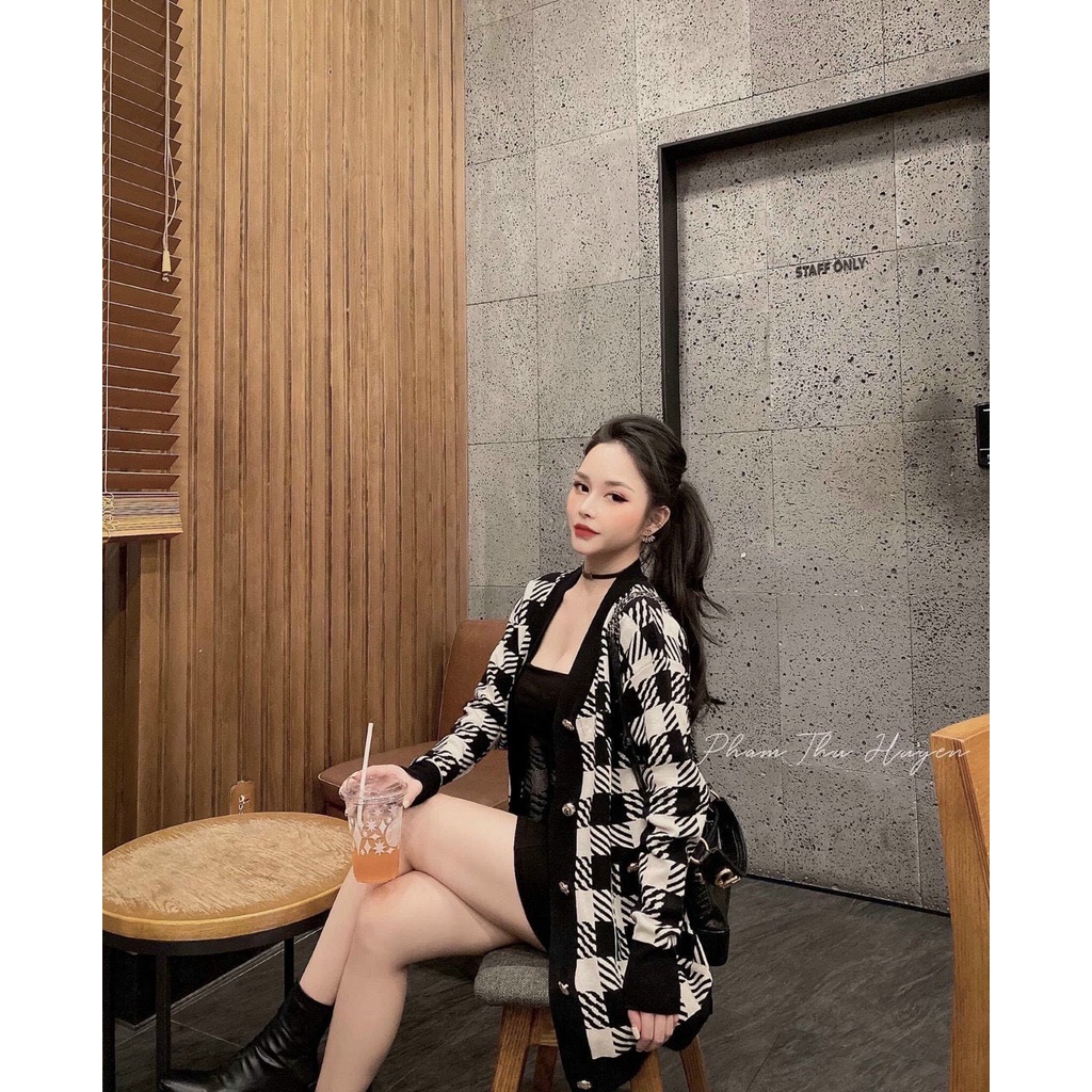 Áo khoác len cardigan nữ, áo len cadigan dáng dài kẻ caro siêu đẹp dành cho các nàng chất len dày dặn mặc cực ấm | BigBuy360 - bigbuy360.vn