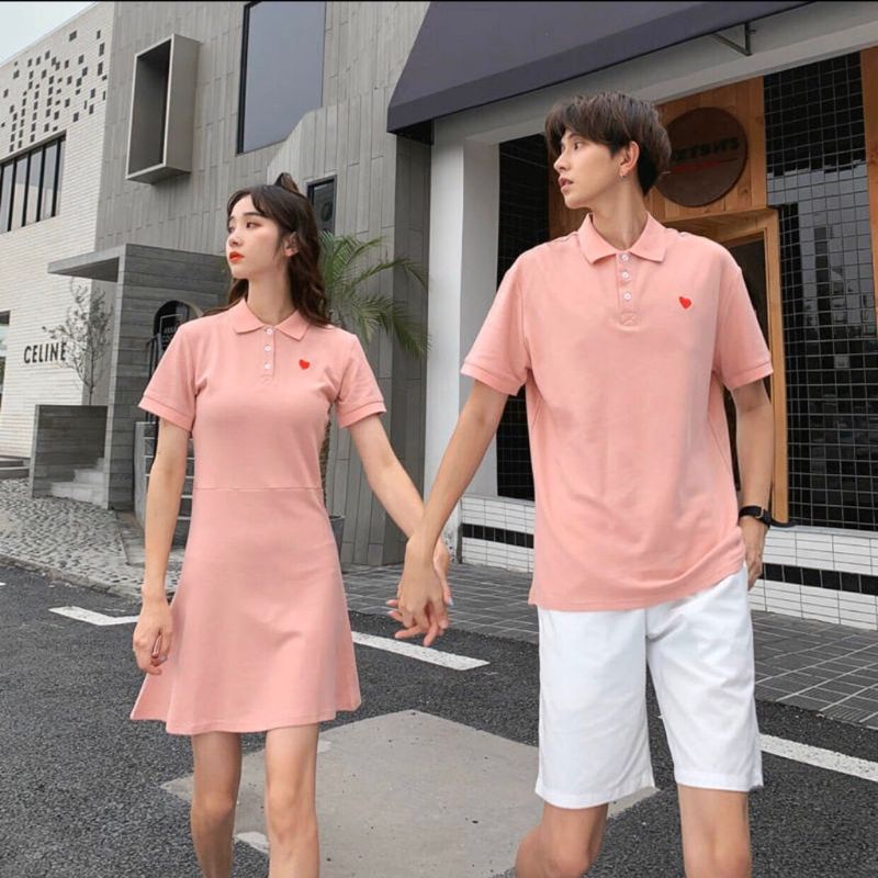 Váy áo đôi nam nữ màu hồng - Đồ đôi in hoạ tiết trái tim phong cách Hàn Quốc